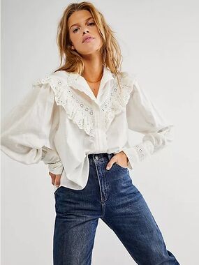 Free People White Eyelet Ruffle Collar Button-Down Blouse